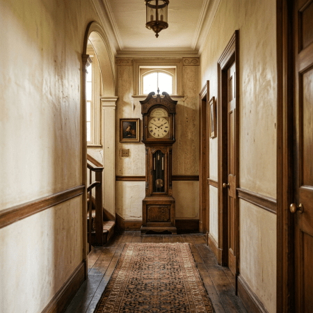 Hallway with wooden floor, antique grandfather clock, framed paintings, and wooden doors